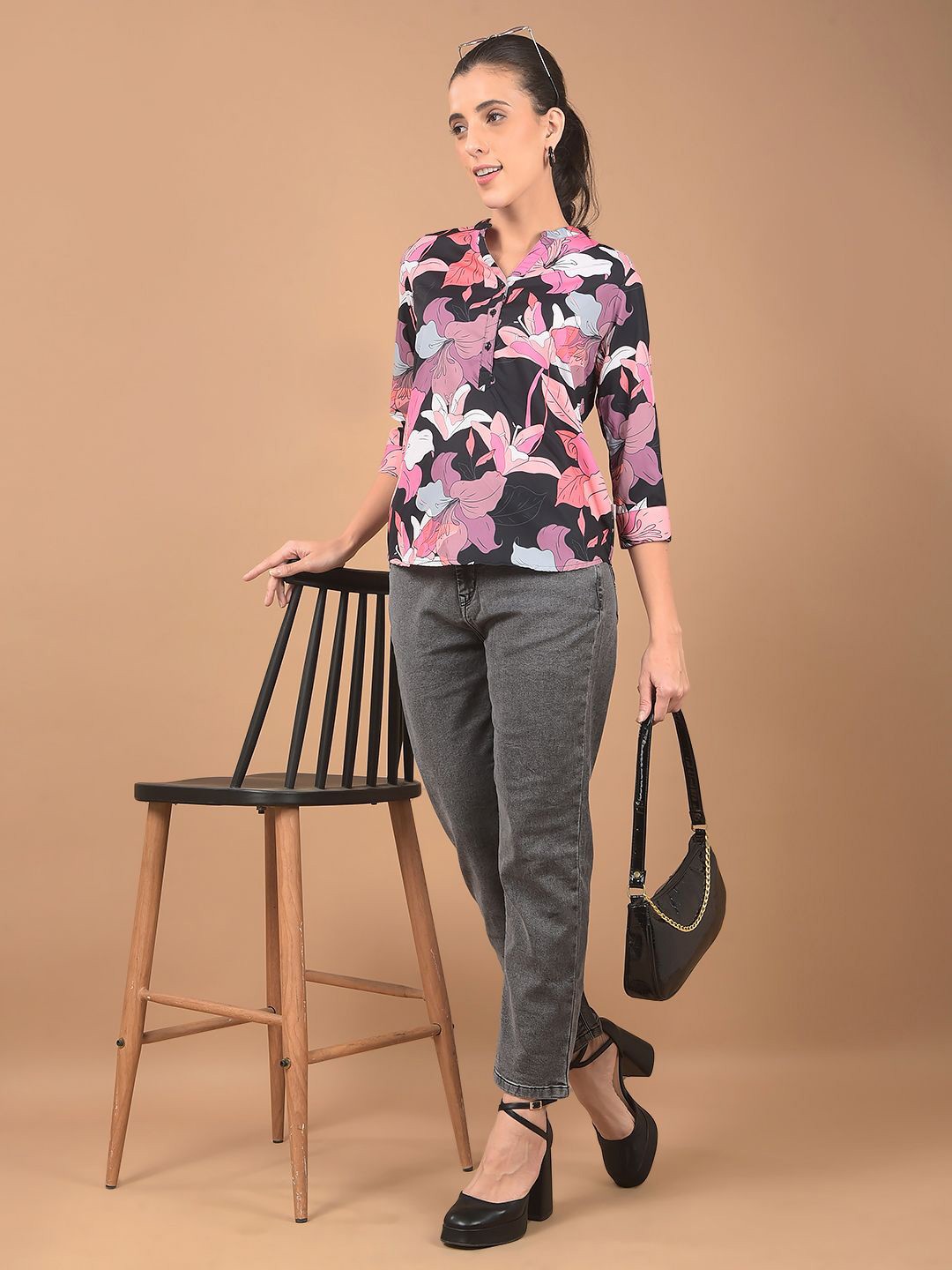 

Crimsoune Club Print Mandarin Collar Top, Multi