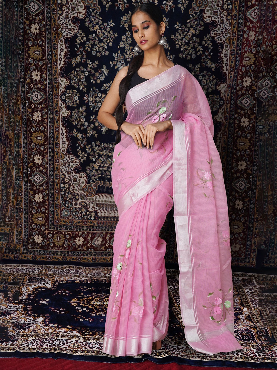 

Unnati Silks Floral Zari Net Handloom Kota Saree, Pink