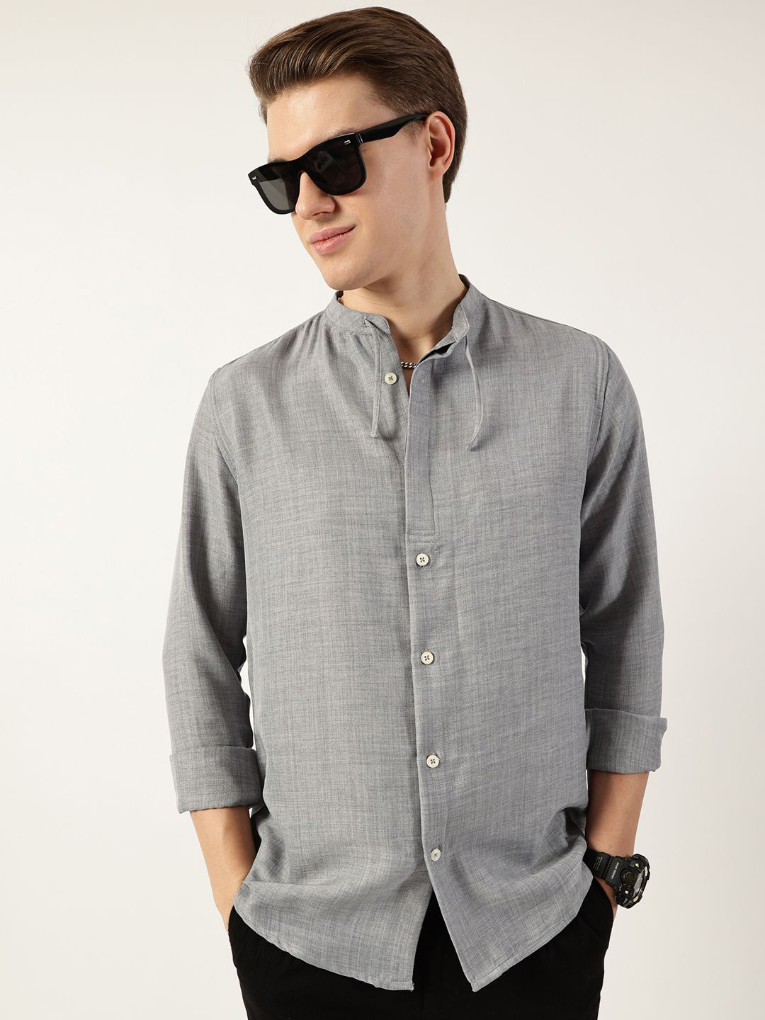 

Thomas Scott Men Classic Mandarin Collar Solid Slim Fit Casual Shirt, Grey