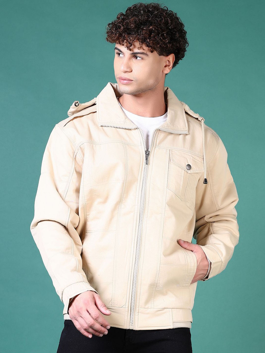 

V-Mart Men Bomber with Embroidered Jacket, Cream