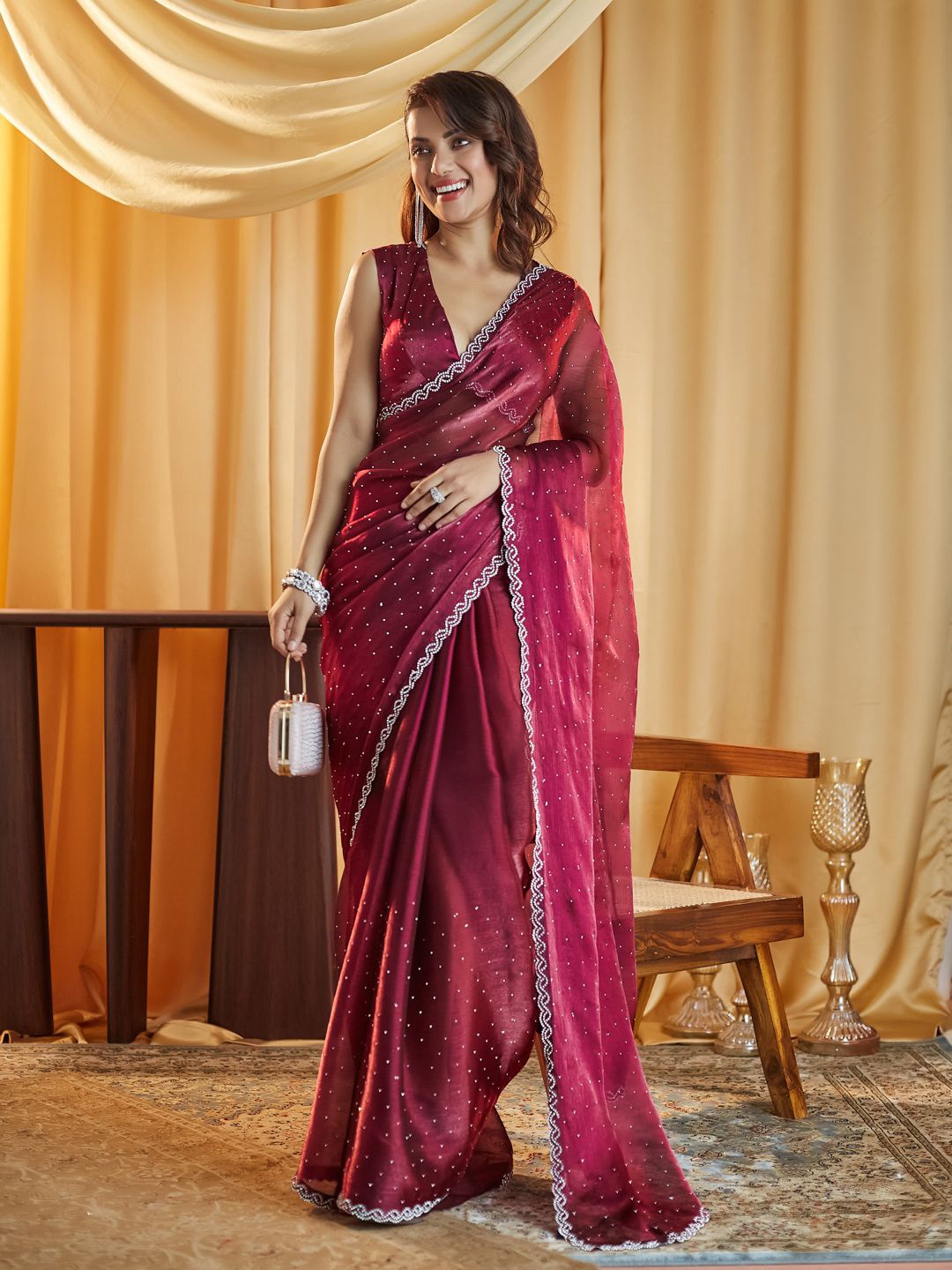 

kasee Embellished Beads and Stones Saree, Rose