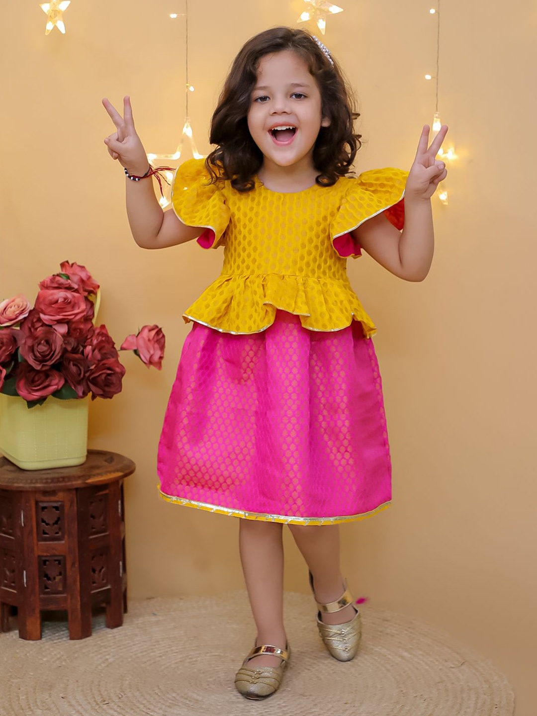 

BownBee Girls Jacquard Peplum Dress, Yellow