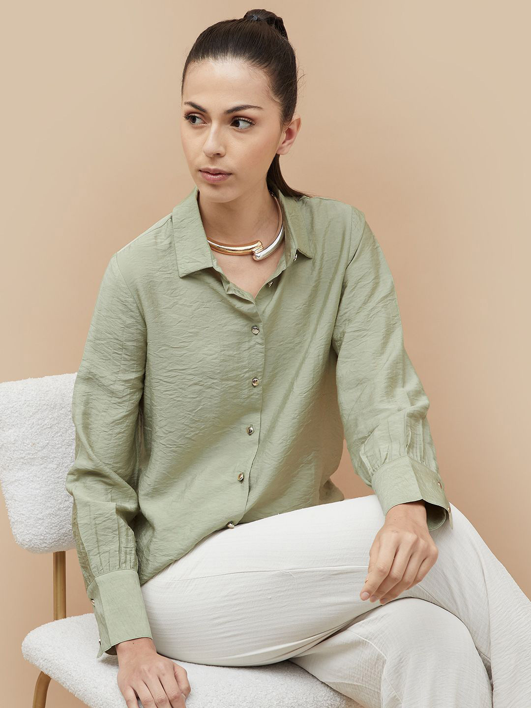 

CODE by Lifestyle Women Spread Collar Textured Casual Shirt, Green