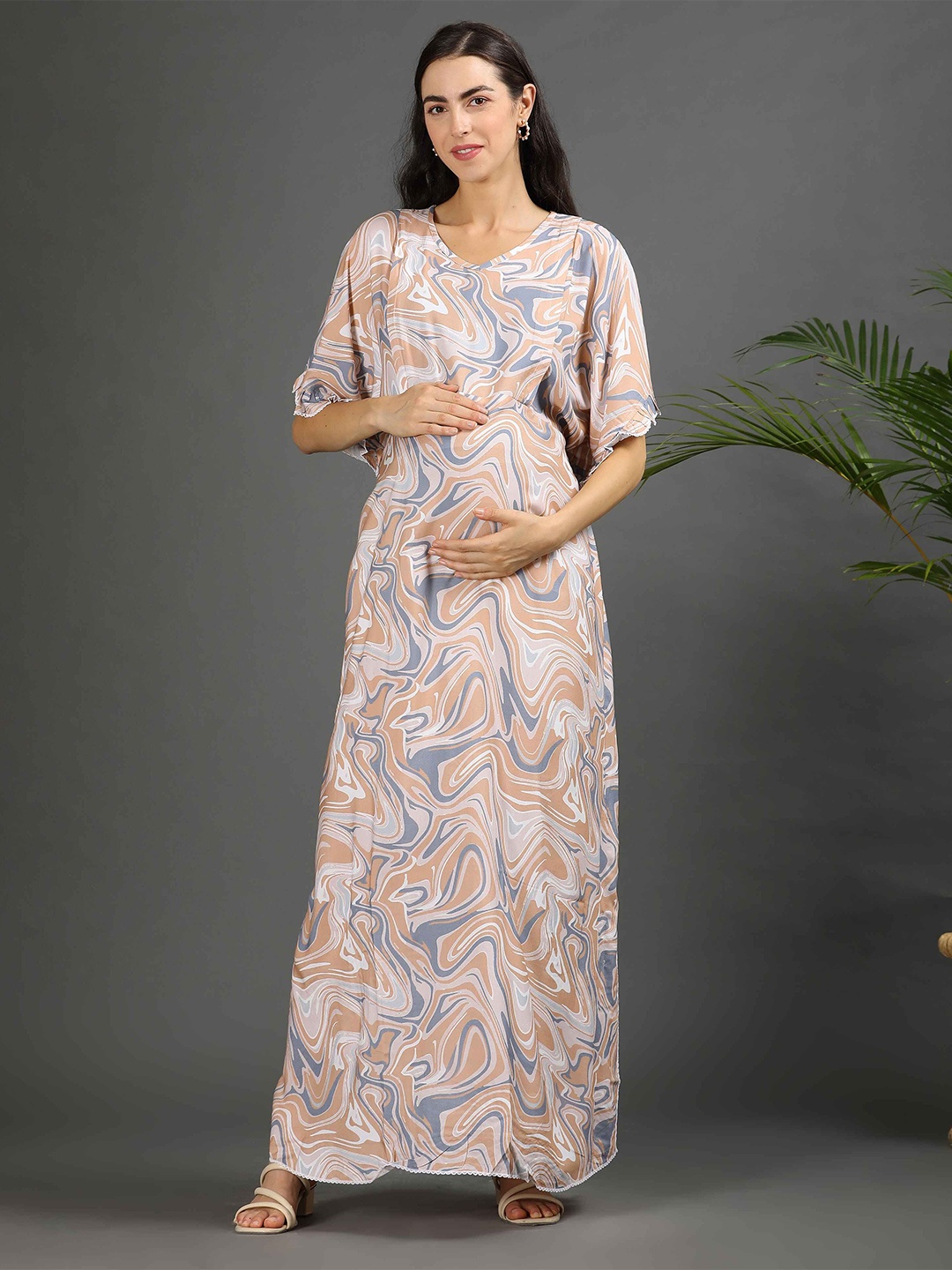

GOLDSTROMS Ethnic Motifs Print Slit Sleeve Maternity Maxi Dress, Beige