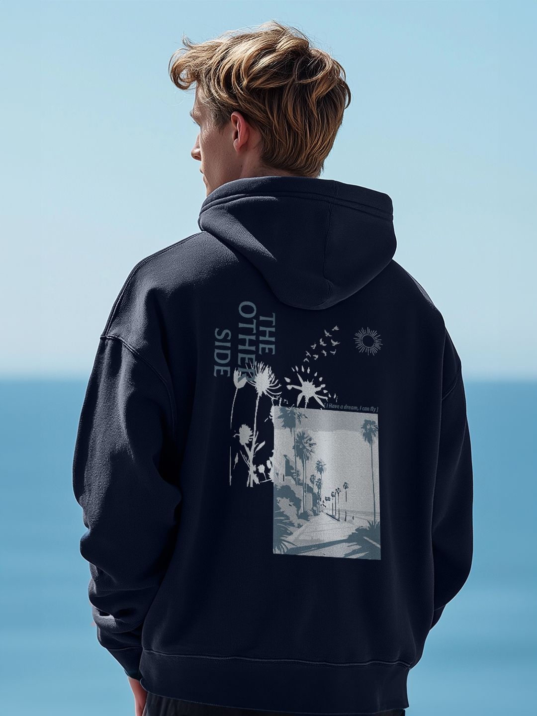 

NOBERO Men Oversized Back Print Hooded Sweatshirts, Navy blue