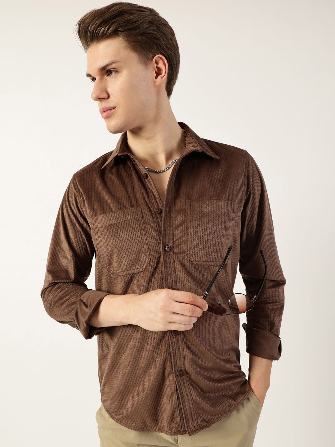 

Thomas Scott Men Classic Spread Collar Textured Solid Slim Fit Casual Shirt, Brown