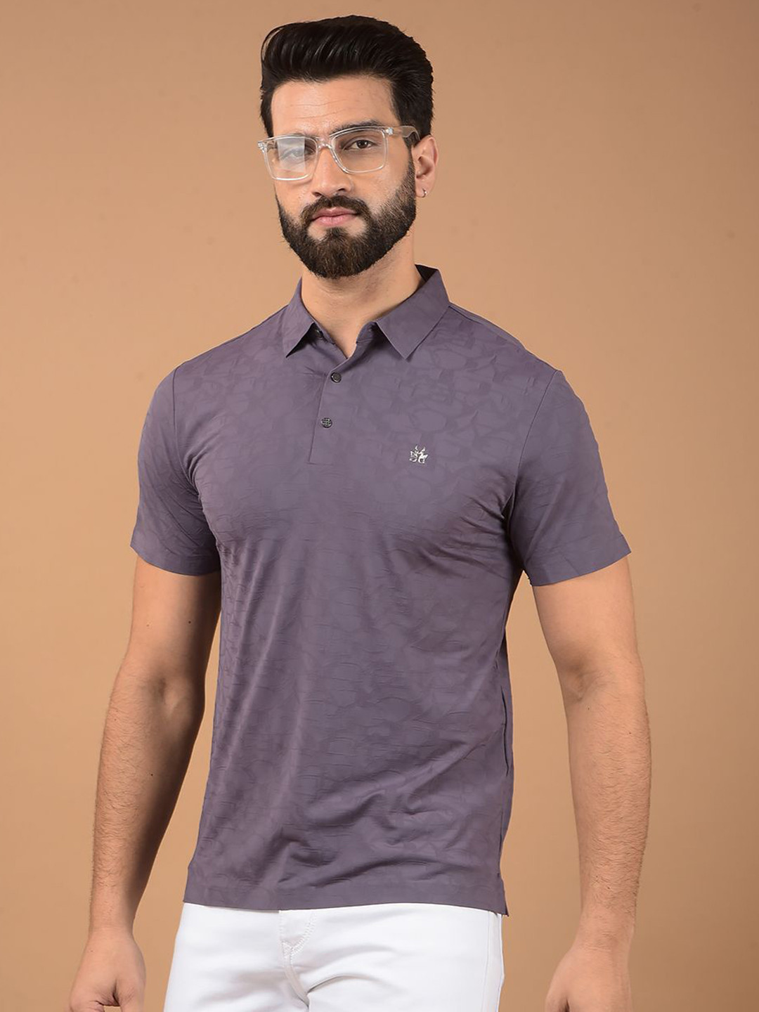 

Crimsoune Club Men Printed Polo Collar Pockets Slim Fit T-shirt, Purple