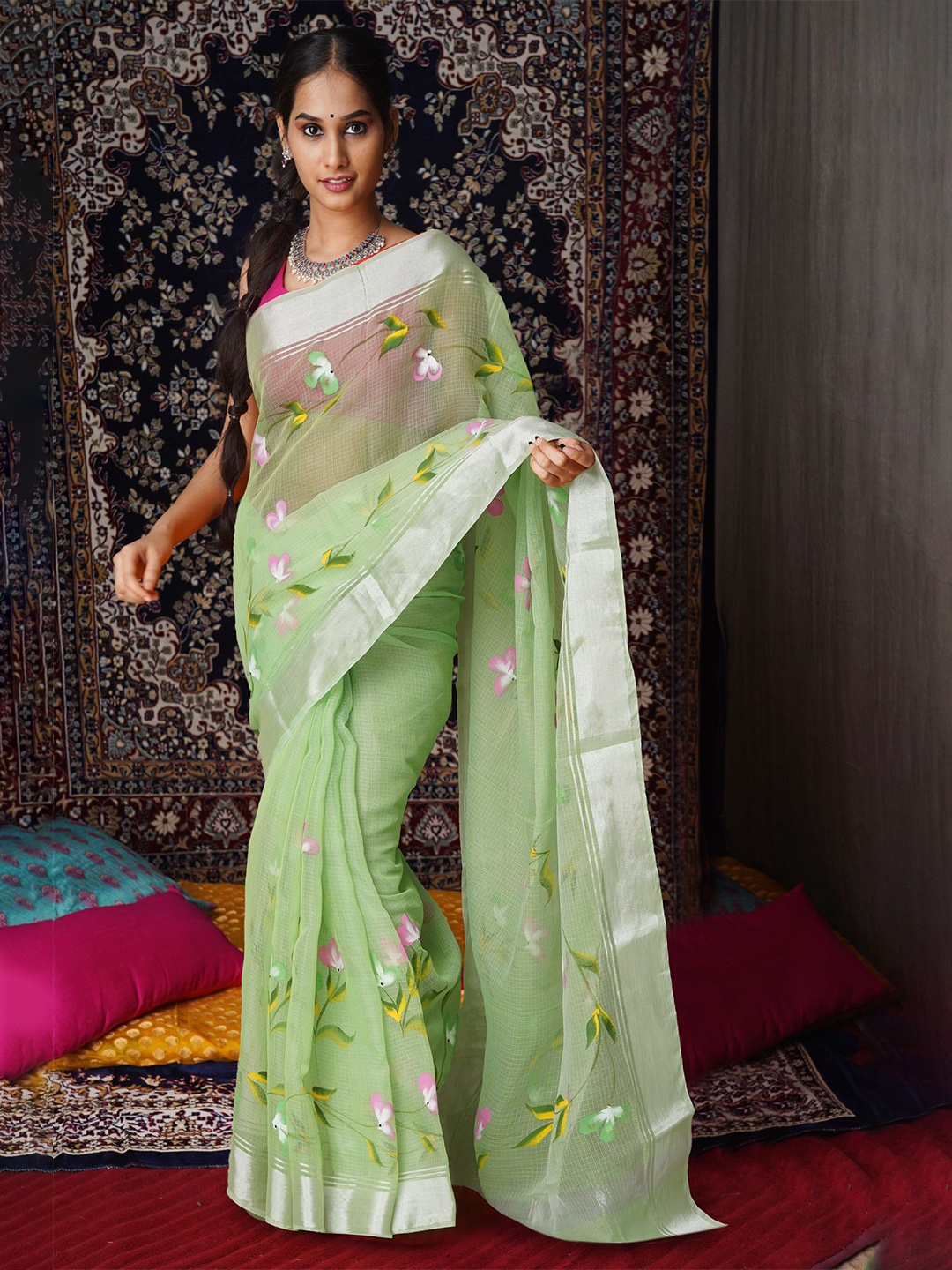 

Unnati Silks Floral Zari Net Handloom Kota Saree, Green