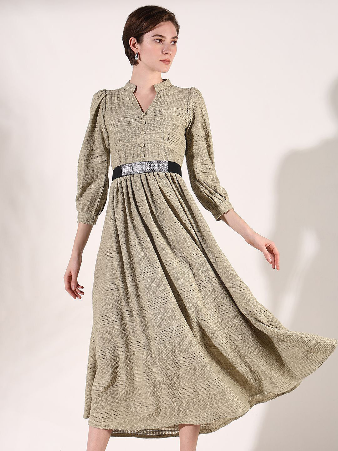 

SHOWOFF Women Puff Sleeve Lace Fit & Flare Midi Dress, Green