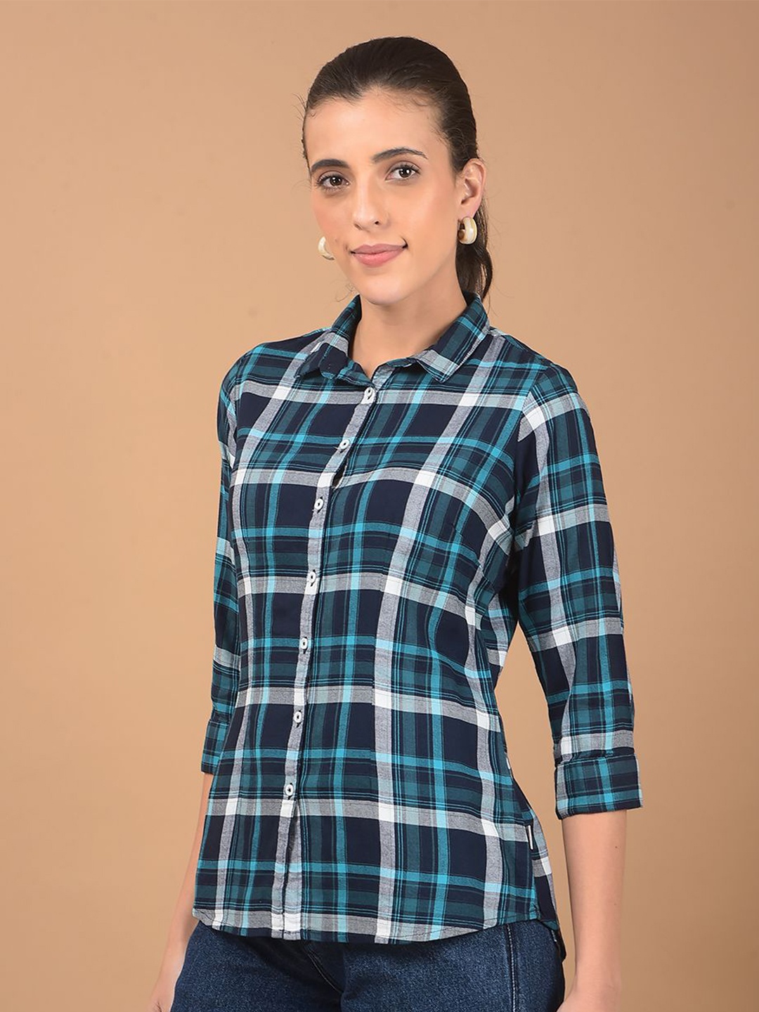 

Crimsoune Club Women Classic Spread Collar Tartan Checked Cotton Slim Fit Casual Shirt, Blue