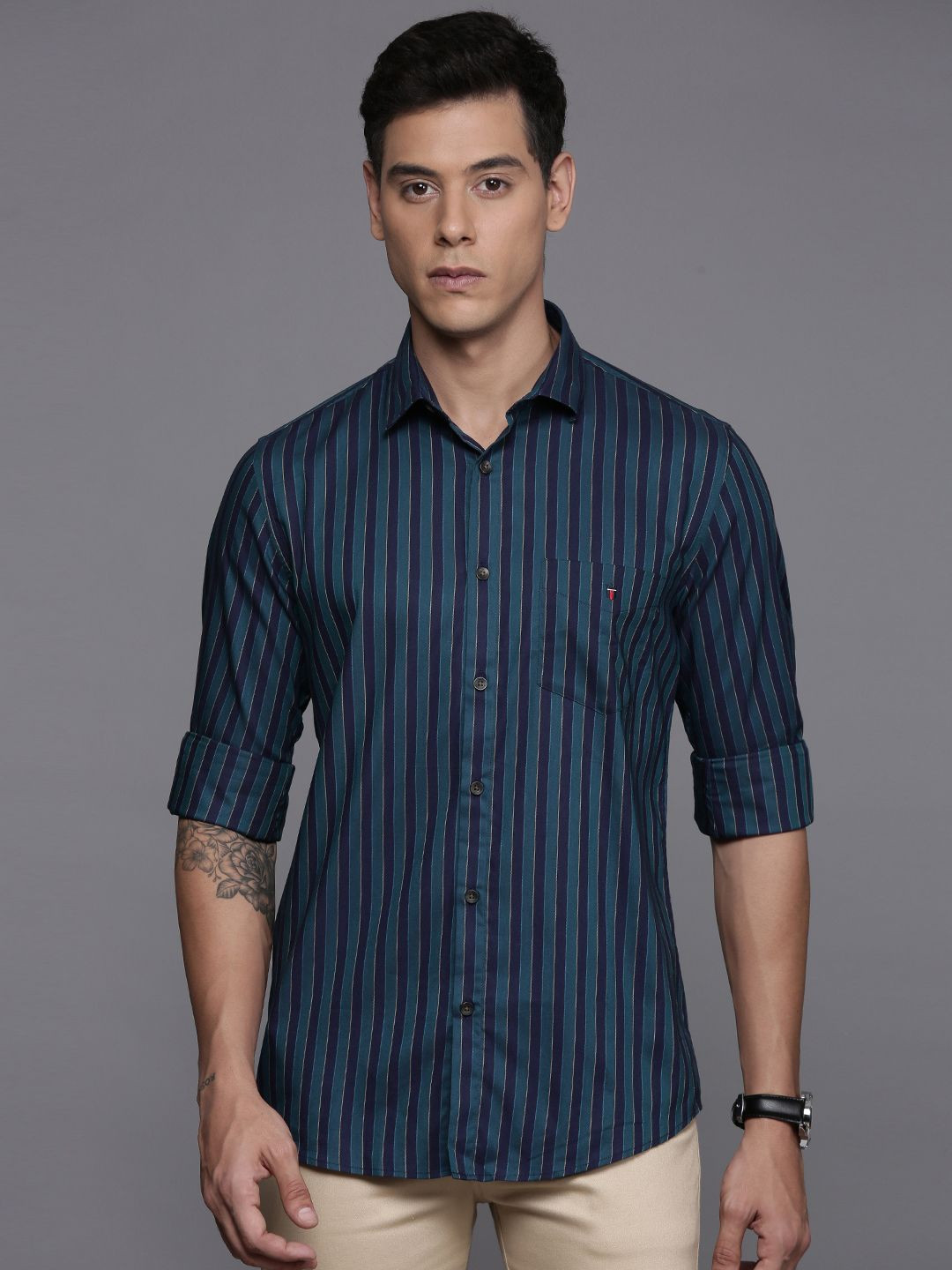 

Louis Philippe Sport Super Slim Fit Striped Pure Cotton Shirt, Teal