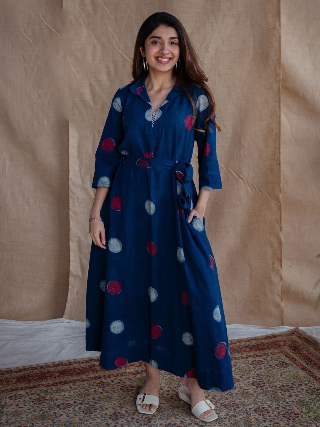 

THE INDIAN ETHNIC CO Polka Dot Print A-Line Midi Dress, Navy blue