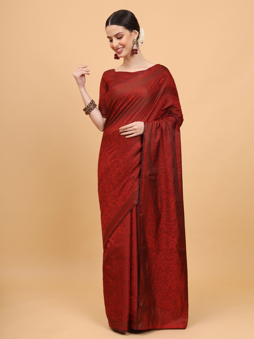 

SHRIMAY Woven Design Art Silk Ready to Wear Banarasi Saree, Red