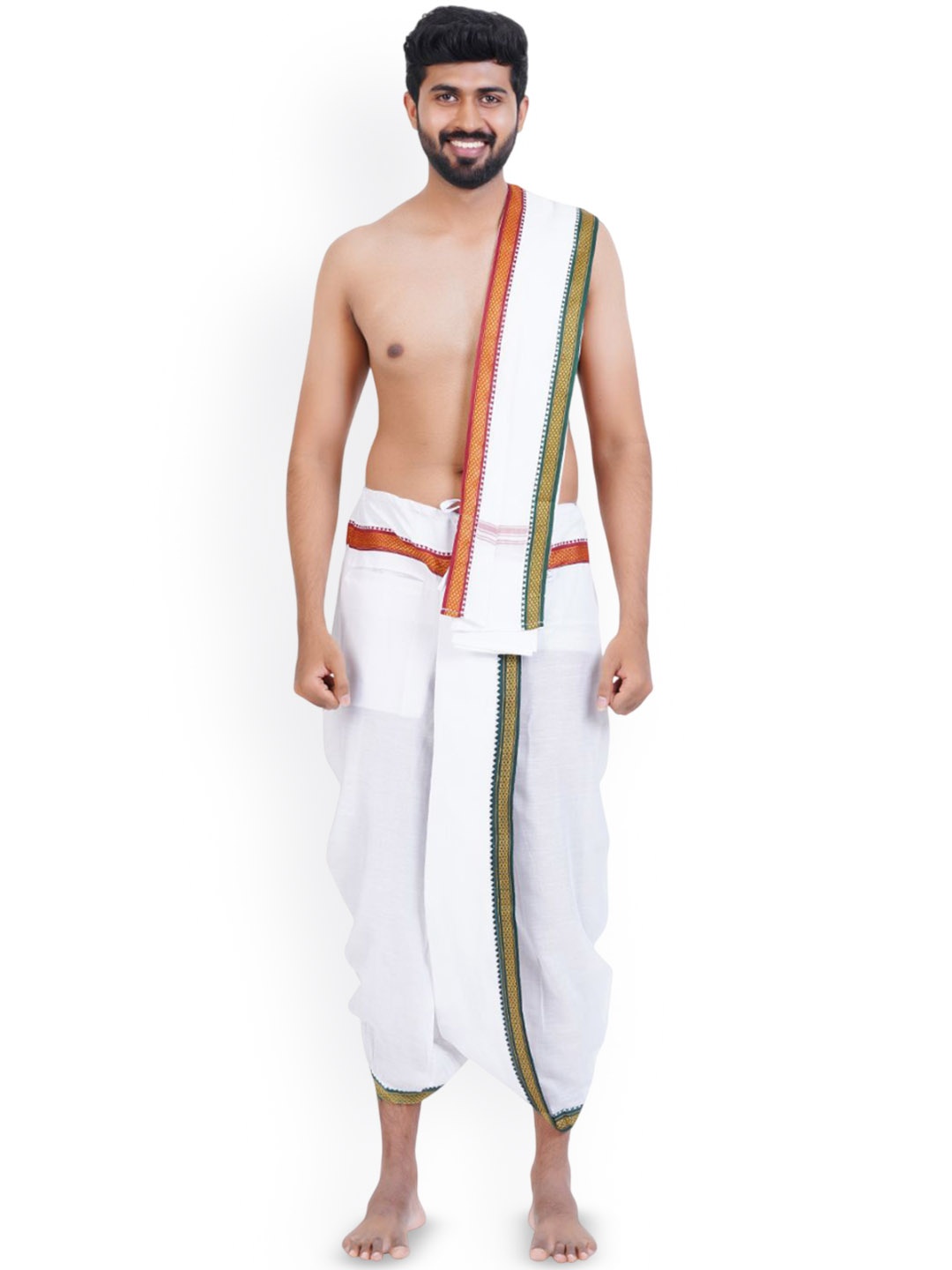 

Ethazh Mens Polyester Small Mayilkan Border Solid White Panchakacham with Angavasthiram