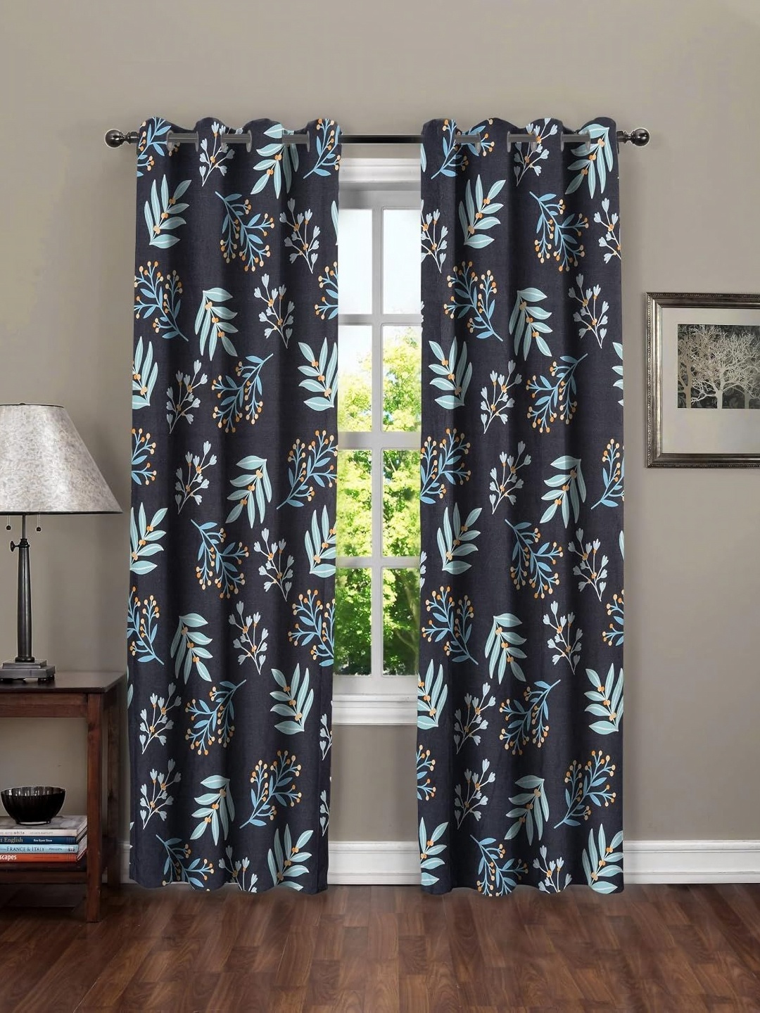 

Aura Navy Blue & Orange Set of 2 Floral Door Curtain