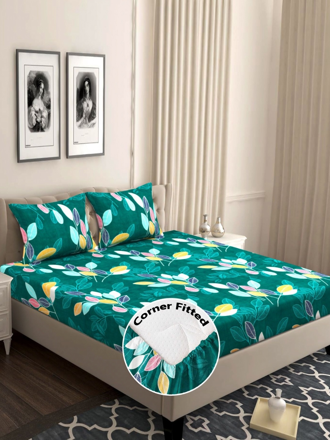 

bsb home Green Floral 210 TC Queen Bedsheet with 2 Pillow Covers