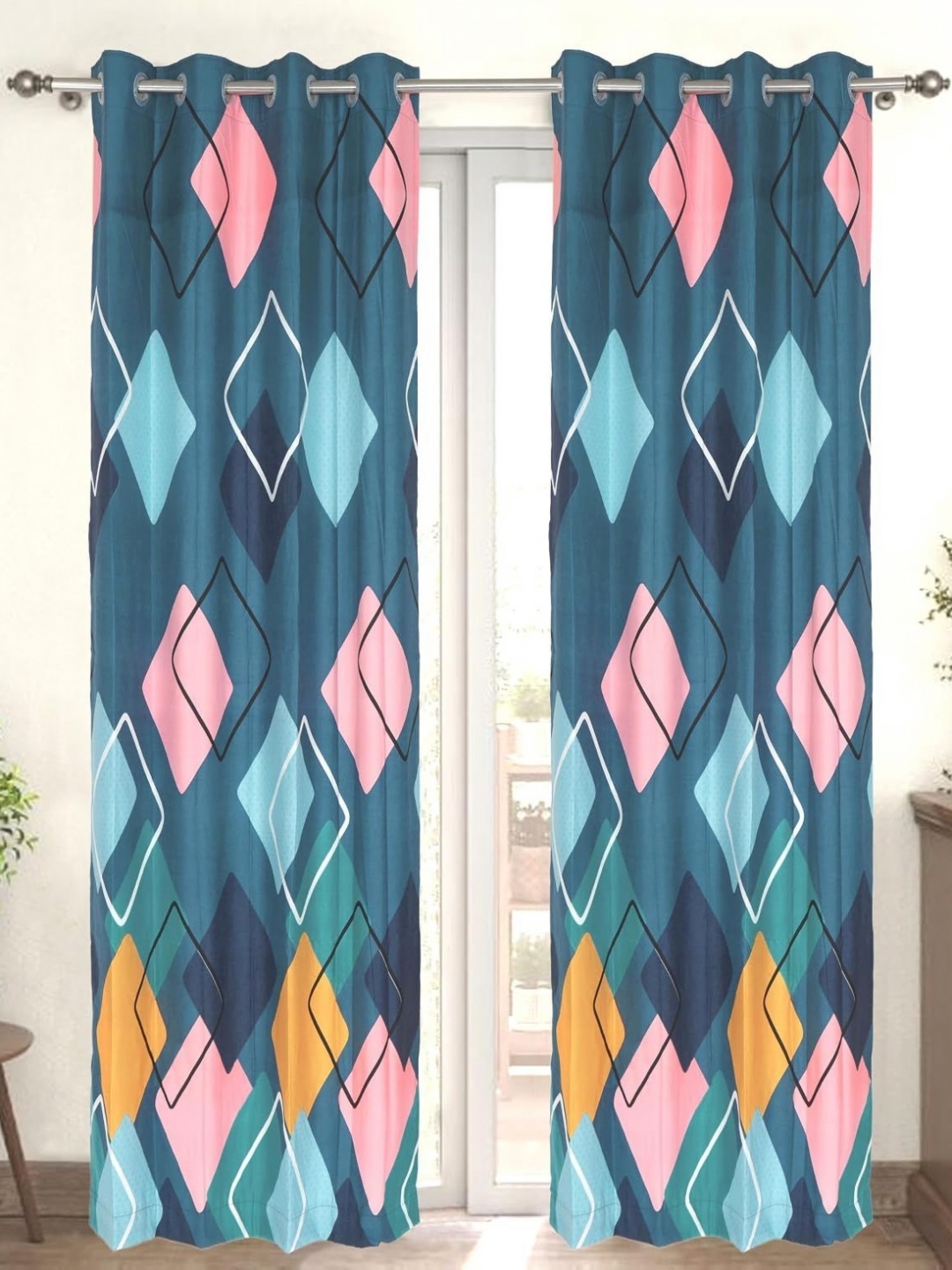 

Aura Green & Pink Set of 2 Geometric Door Curtain