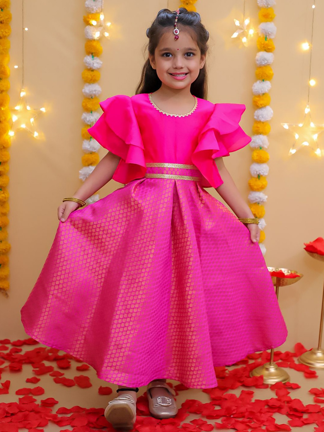 

BownBee Girls Self Design Jacquard Fit & Flare Dress, Pink