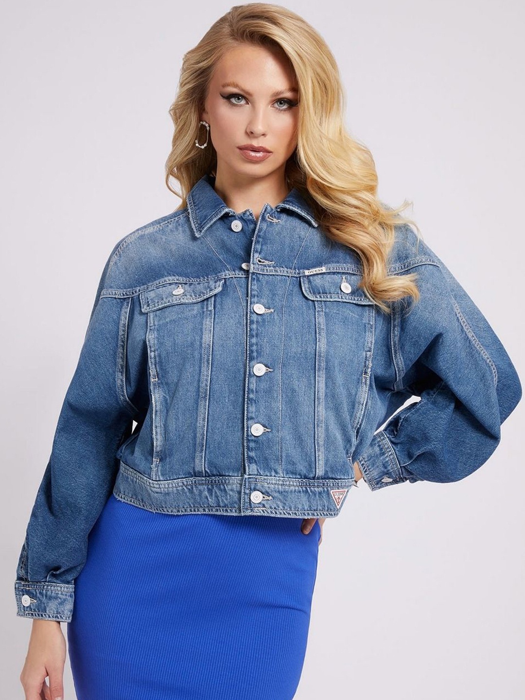

GUESS Women Denim Jacket with Patchwork, Blue