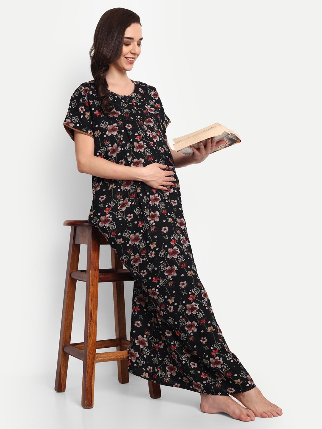 

THE MAMA KLUB Printed Maxi Nightdress, Black