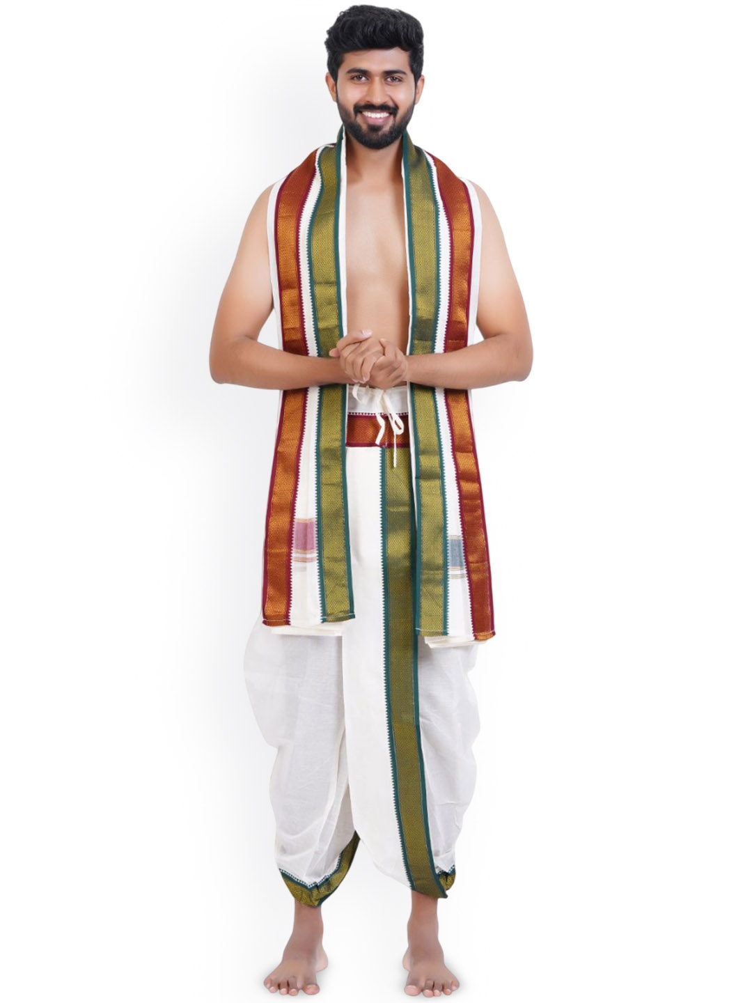 

Ethazh Mens Cotton 10 Mayilkan Border Solid White Panchakacham with Angavasthiram