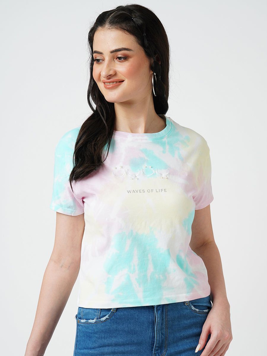 

Kraus Jeans Women Floral Dyed Extended Sleeves Pockets Slim Fit T-shirt, Multi