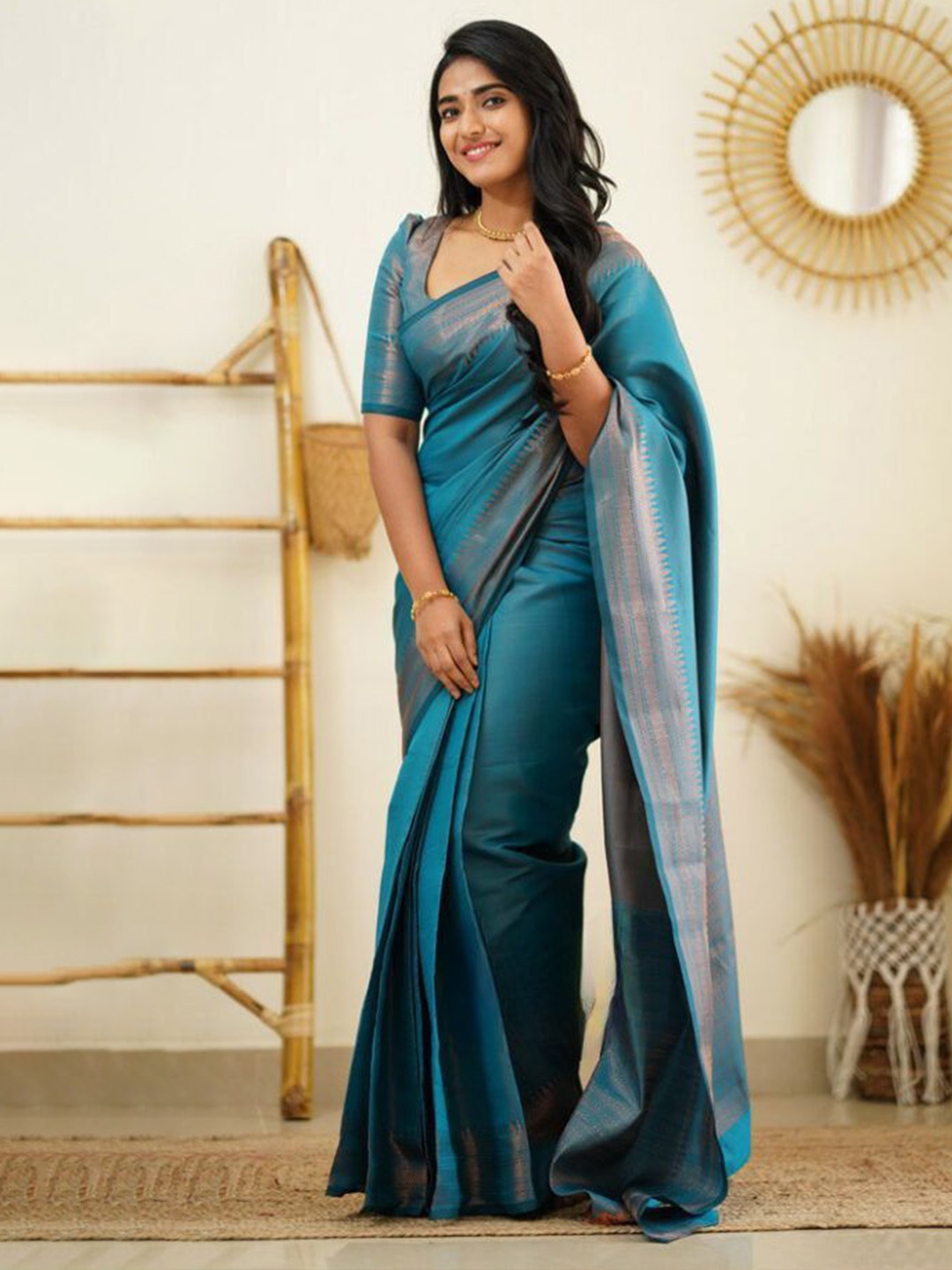 

Jinax Woven Design Zari Pure Silk Banarasi Saree, Sea green