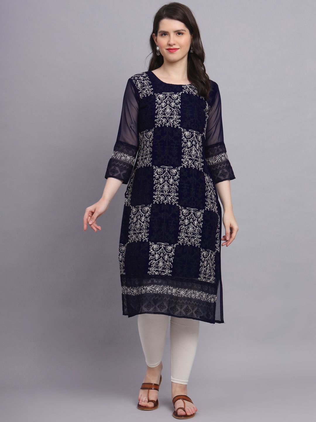 

HERE&NOW Women Floral Embroidered Thread Work Georgette Kurta, Navy blue