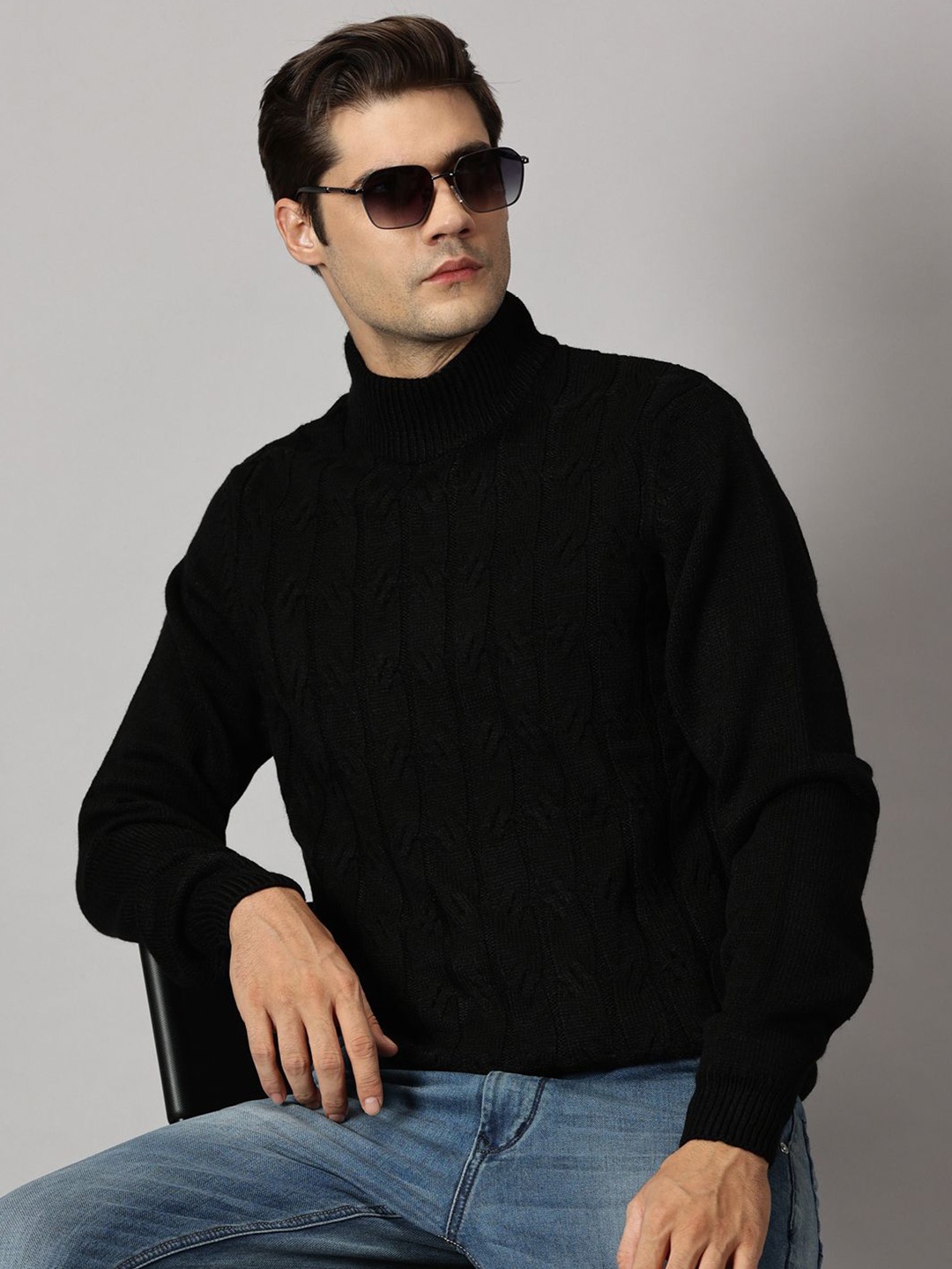 

BLACK BUCK Cable Knit Solid High Neck Sweater