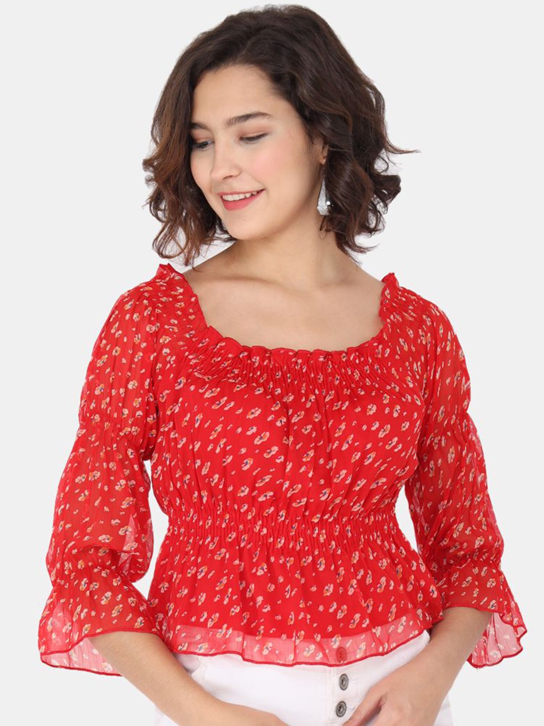 

BAESD Print Off-Shoulder Chiffon Top, Red