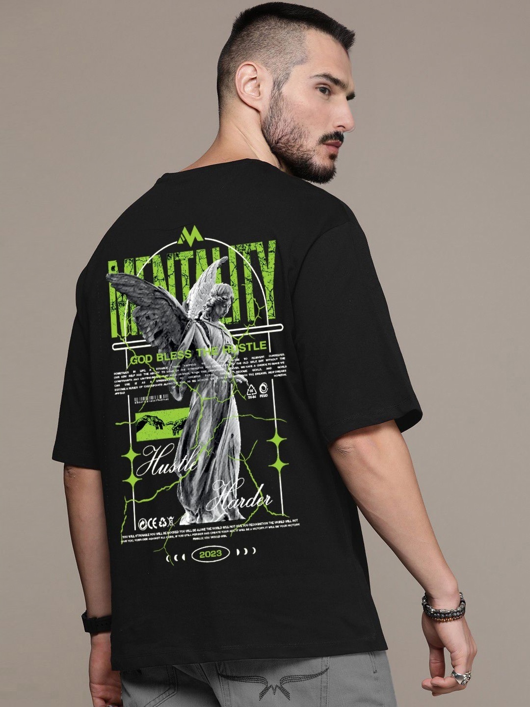 

Manlino Unisex Printed Drop-Shoulder Sleeves T-shirt, Black