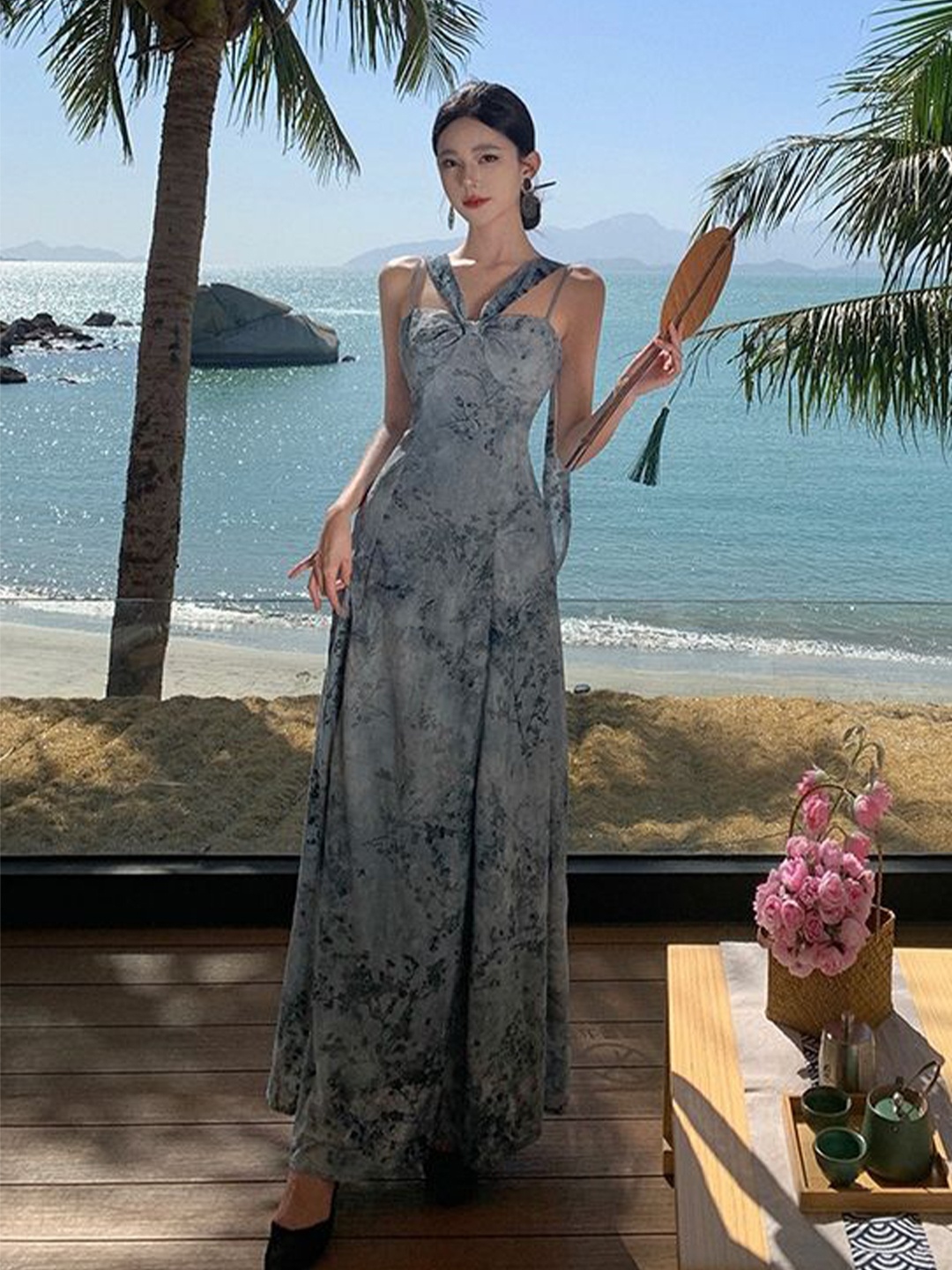 

LULU & SKY Floral Flutter Sleeve Maxi Dress, Blue