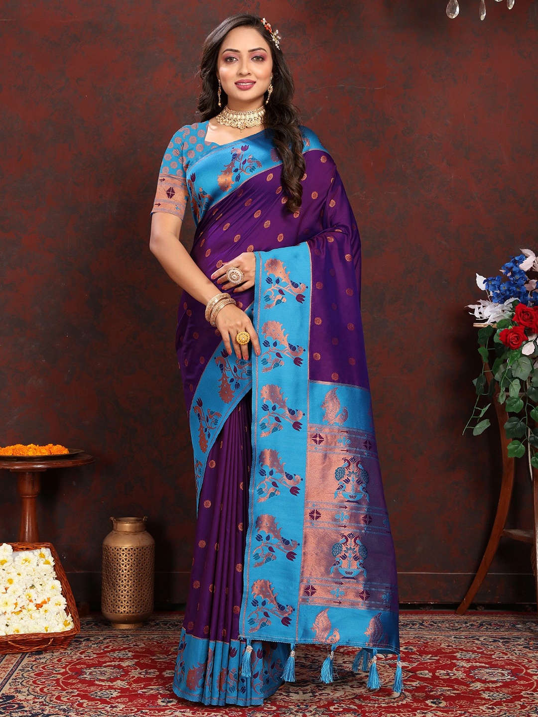 

Anaita Woven Design Zari Silk Blend Paithani Saree, Purple