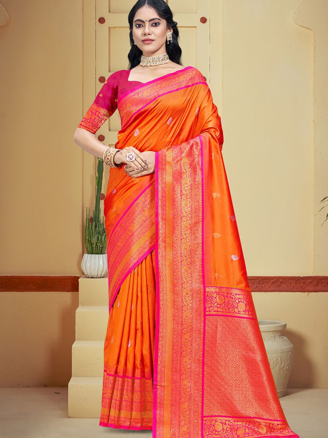 

SANGAM PRINTS Woven Design Zari Silk Blend Designer Tussar Saree, Orange