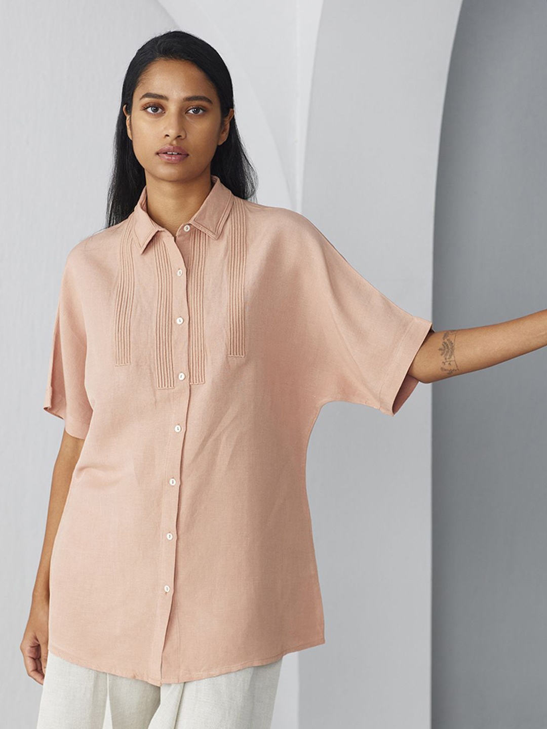 

Ancestry Women Spread Collar Solid Casual Shirt, Peach