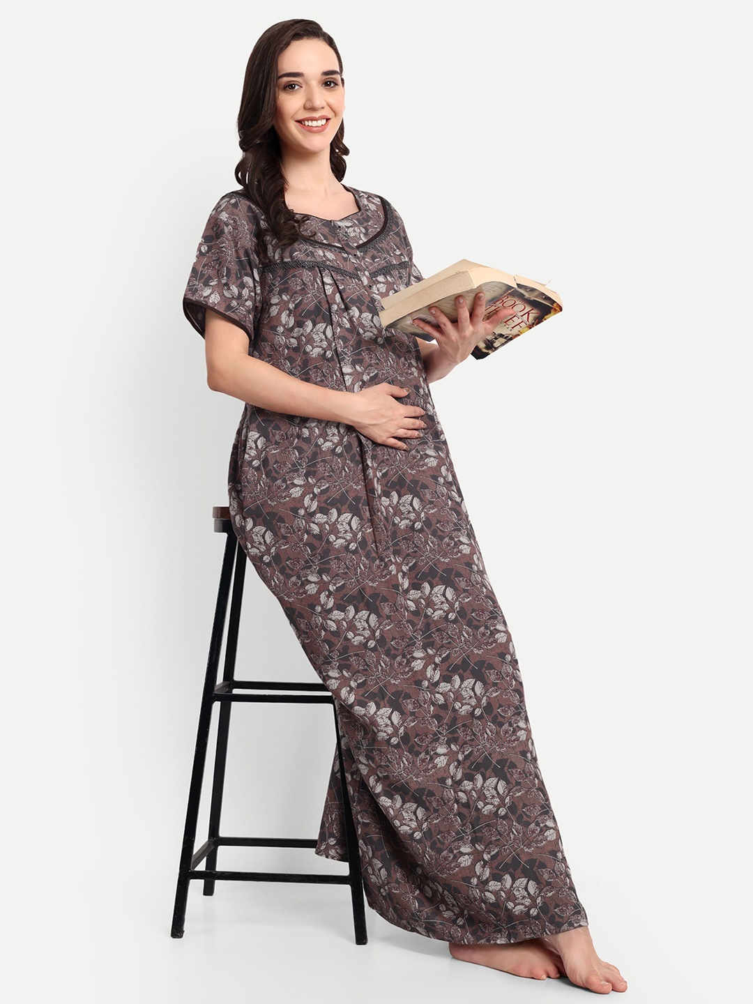 

THE MAMA KLUB Printed Maxi Nightdress, Coffee brown