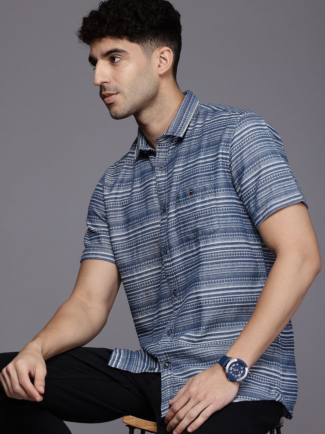 

Louis Philippe Jeans Horizontal Striped Slim Fit Pure Cotton Casual Shirt, Navy blue