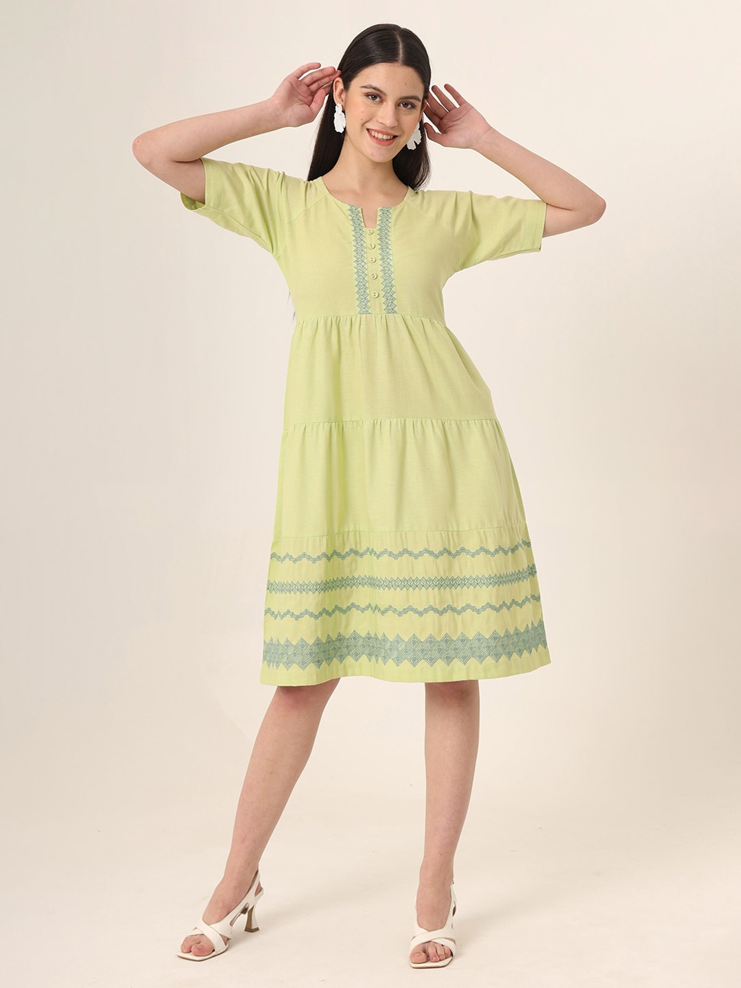 

VINISHAA KLOTHING Ethnic Motifs Formal Fit & Flare Dress, Green