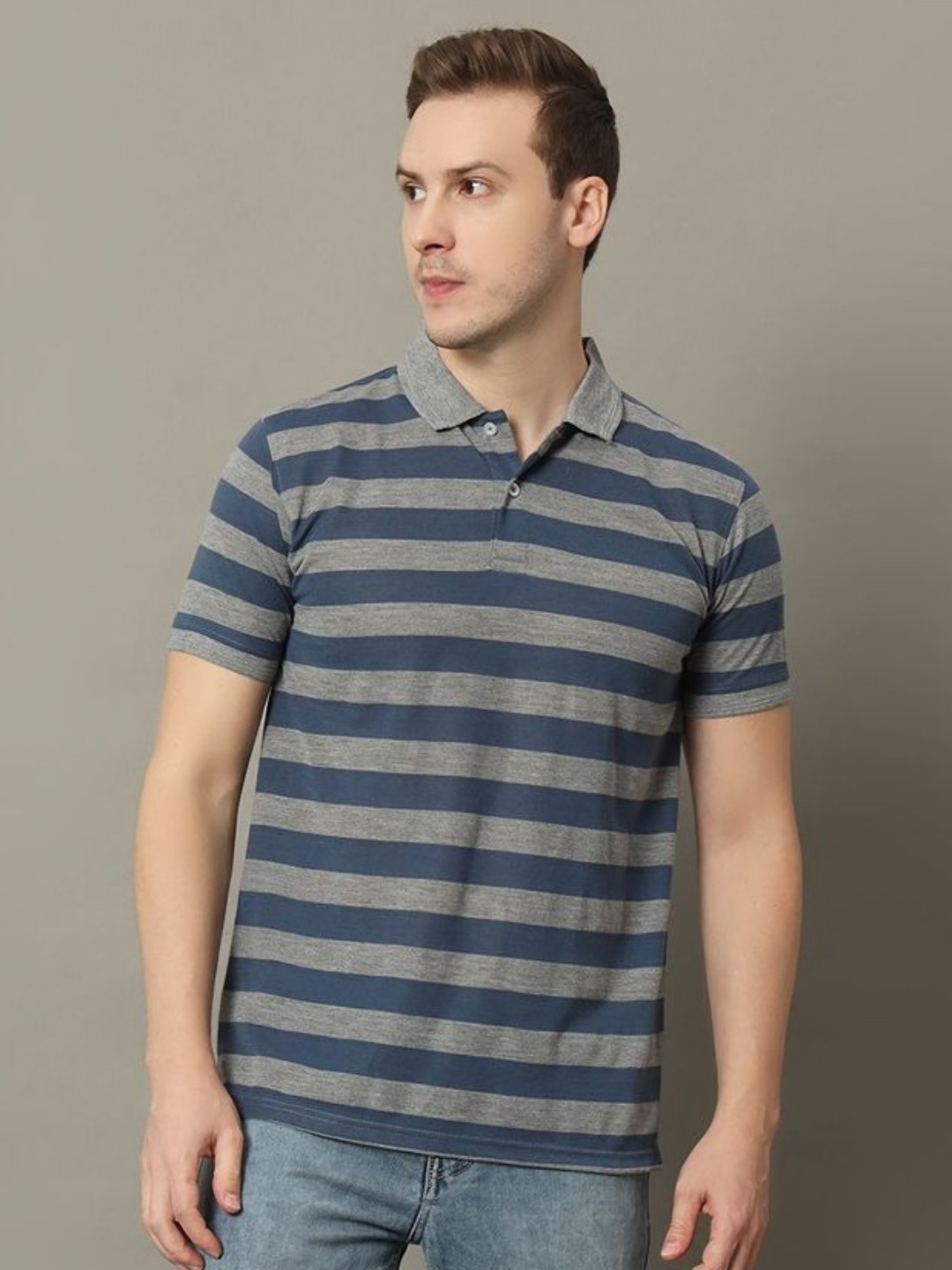 

GET GOLF Men Striped Polo Collar Cotton T-shirt, Grey