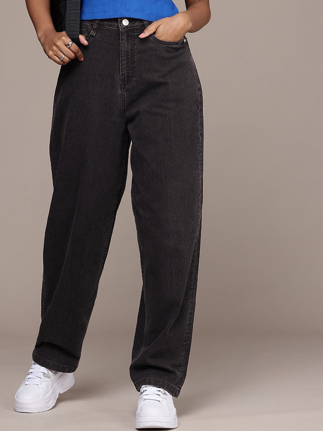 

The Roadster Lifestyle Co Women Cotton High Rise Wide Leg Jeans, Black