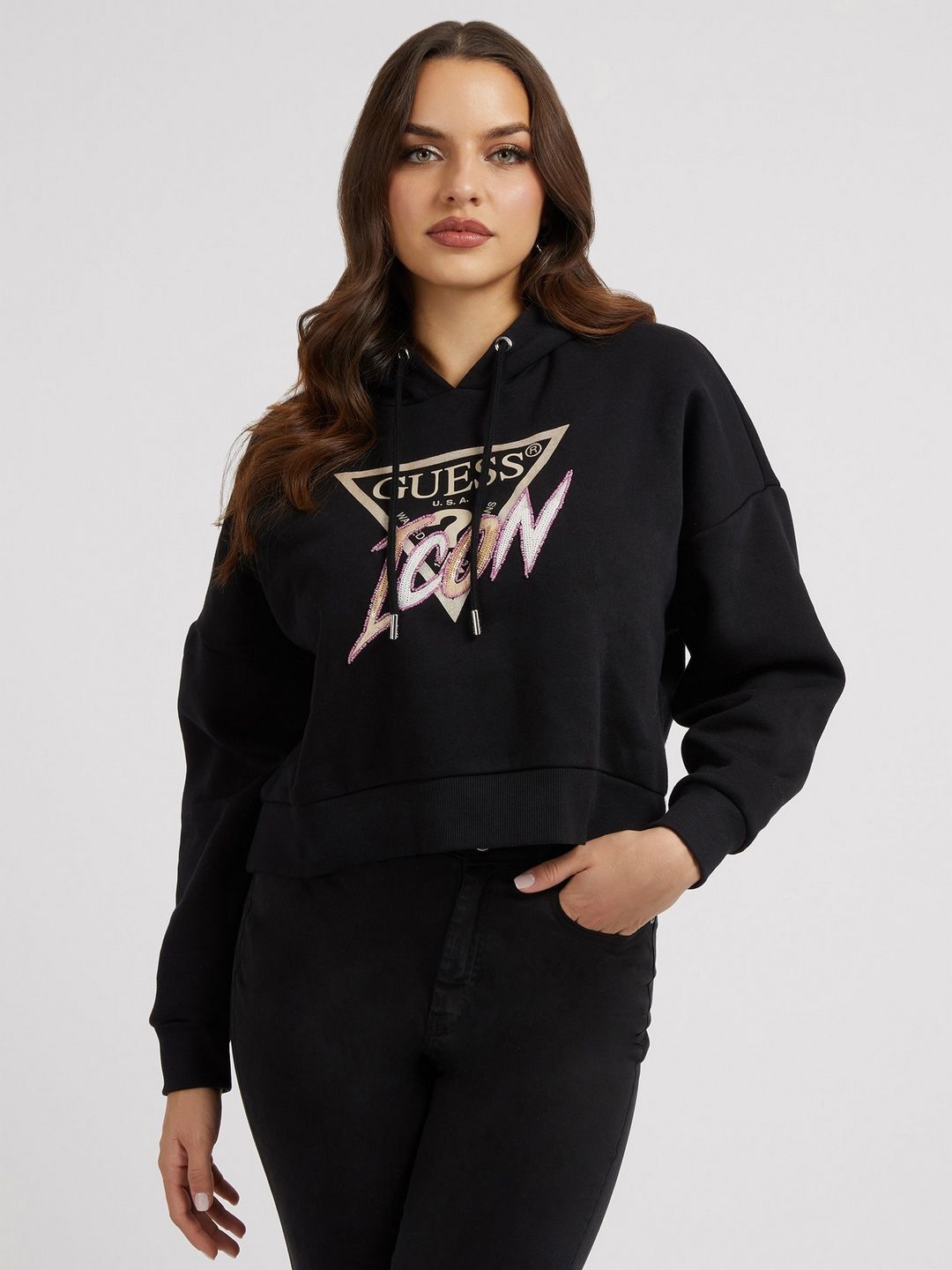 

GUESS Women Printed Hooded Sweatshirt, Black