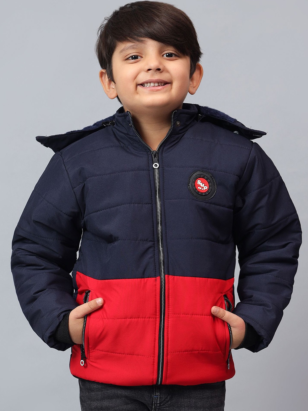 

BAESD Boys Colourblocked Padded Jacket with Patchwork, Navy blue