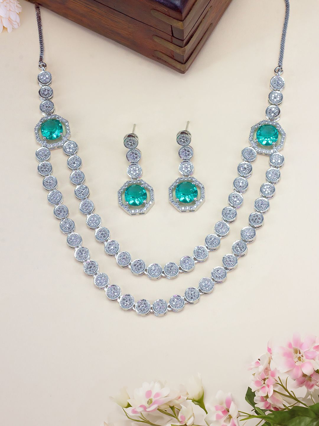 

PRIVIU Rhodium Plated Layered American Diamond Studded Jewellery Set, Silver