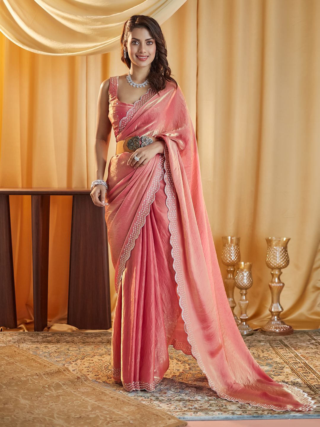 

kasee Beads and Stones Pure Silk Saree, Peach