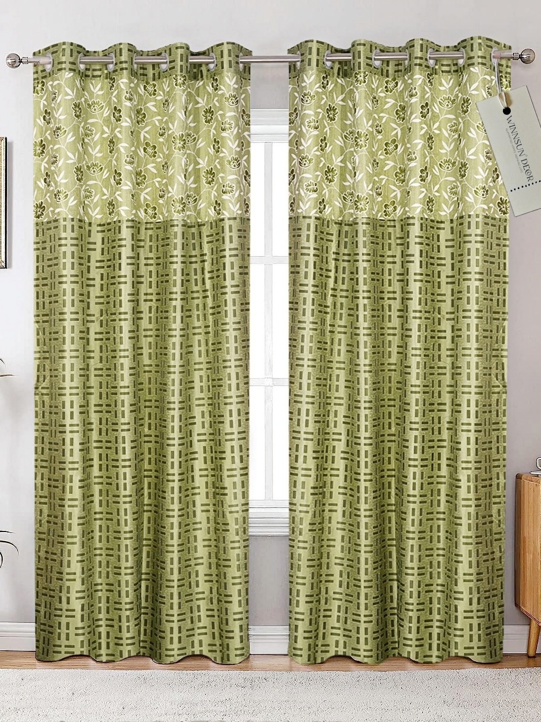 

Winnsun Green & White Set of 2 Floral Room Darkening Door Curtain