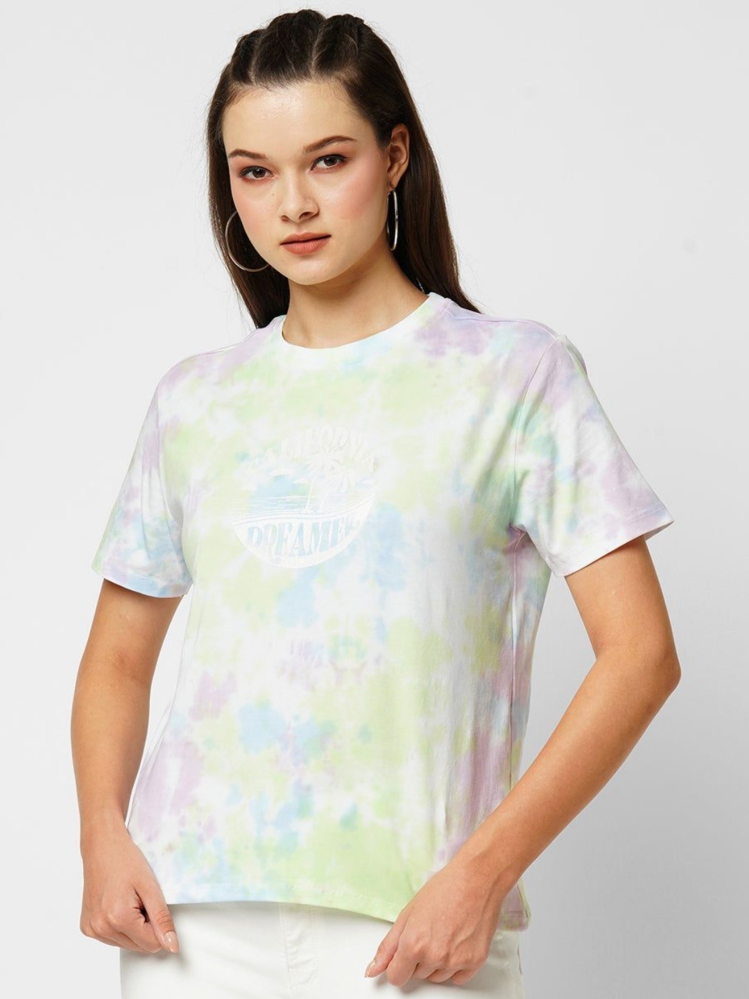 

Kraus Jeans Women Floral Dyed Extended Sleeves Tropical Pockets Slim Fit T-shirt, Green