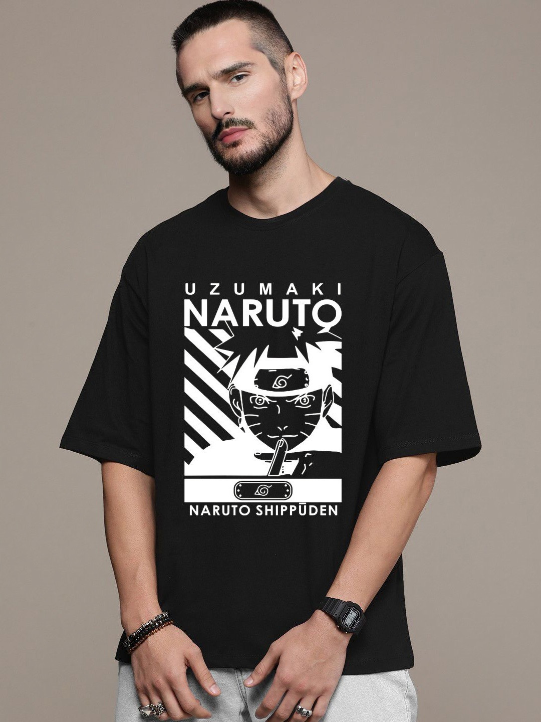 

Manlino Unisex Printed Drop-Shoulder Sleeves Raw Edge T-shirt, Black
