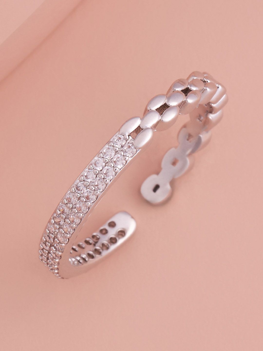 

Kushal's Fashion Jewellery Rhodium-Plated CZ Studded Adjustable Finger Ring, Silver