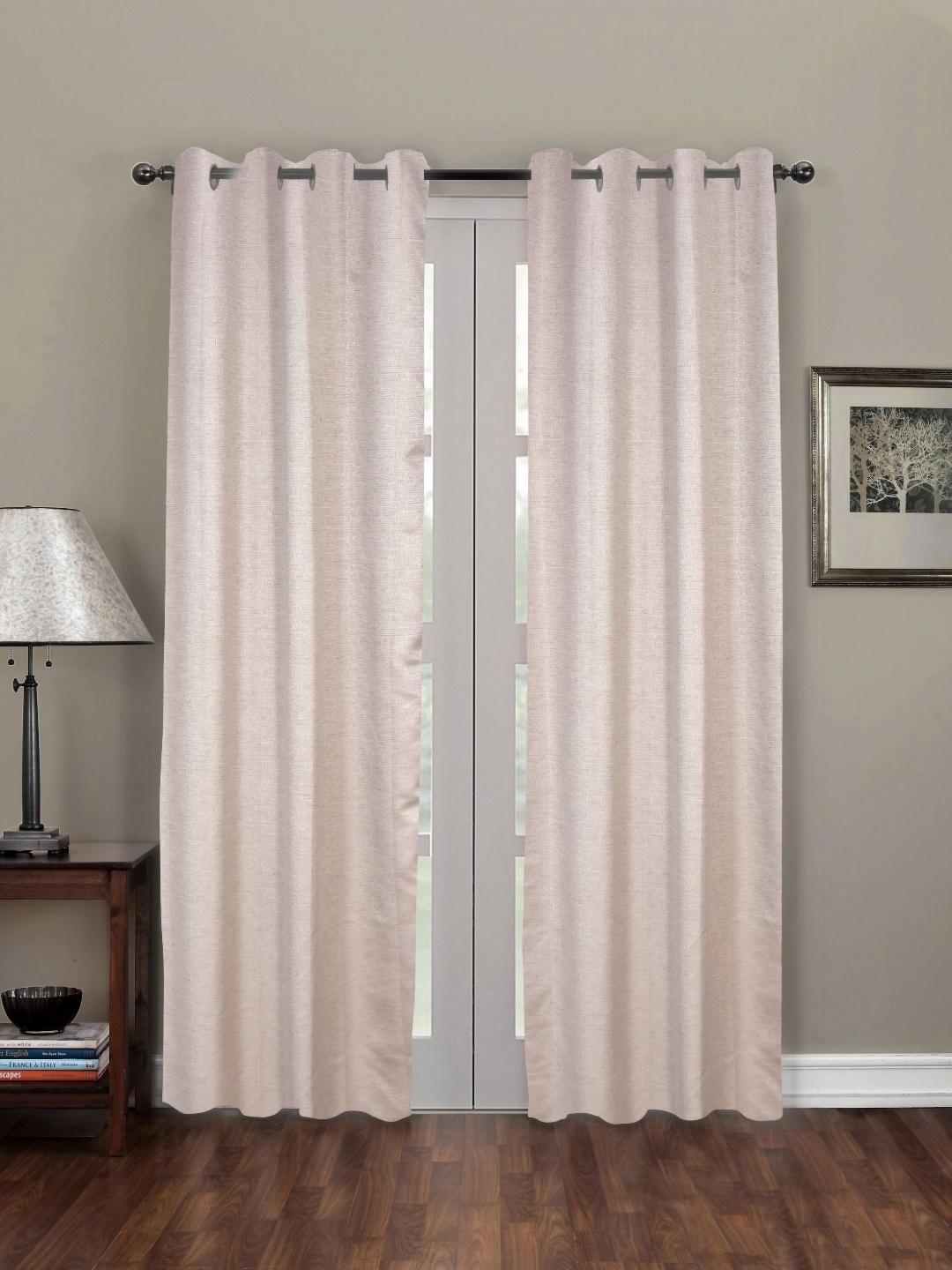 

Myntra Elegant Homes Beige & White Set of 2 Black Out Door Curtain