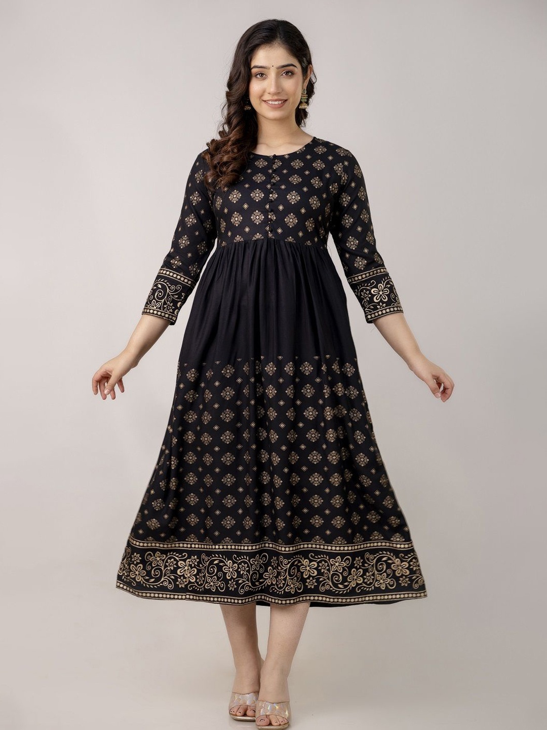 

SUNEKH Ethnic Motifs Printed Fit and Flared Ethnic Dress, Black